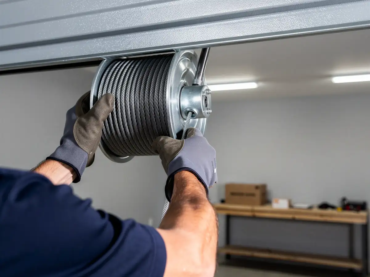 A technician in gloves holds a garage door cable drum with a wound cable.