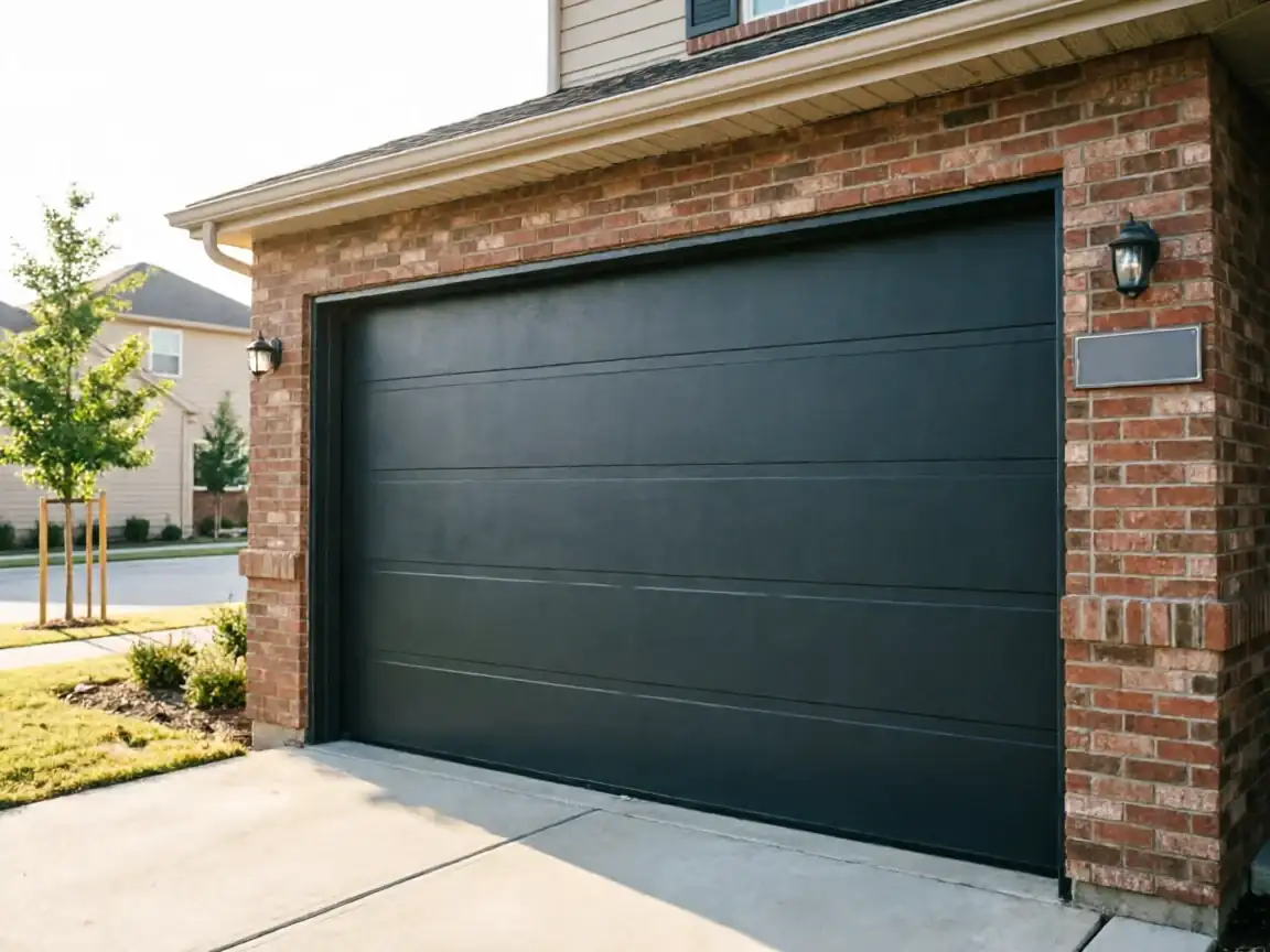A dark gray garage door is on a brick house with two outdoor lights.